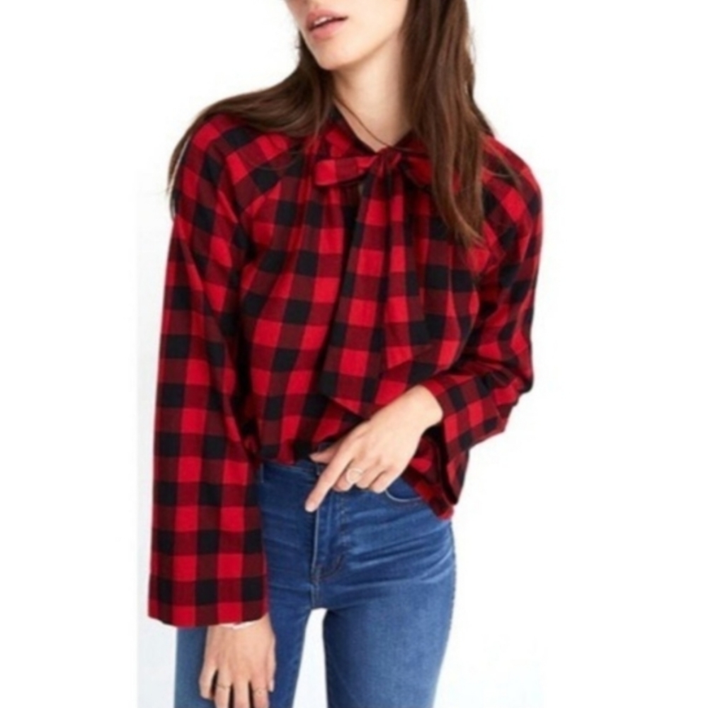 Madewell Tie Neck Popover Shirt in Buffalo Plaid